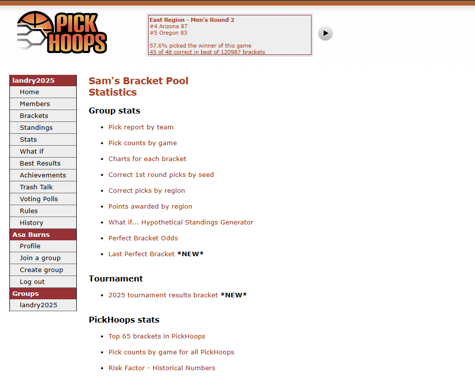 PickHoops offers many statistics throughout the tournament.